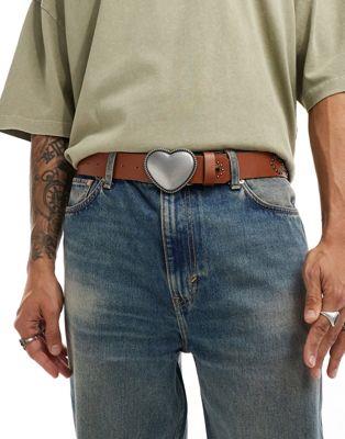 GC\X ASOS DESIGN faux leather belt with stud detail and heart buckle in brown Y