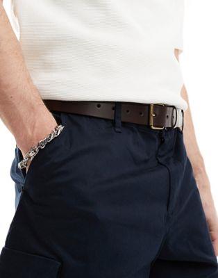 エイソス ASOS DESIGN leather belt with burnished gold roller buckle in brown メンズ