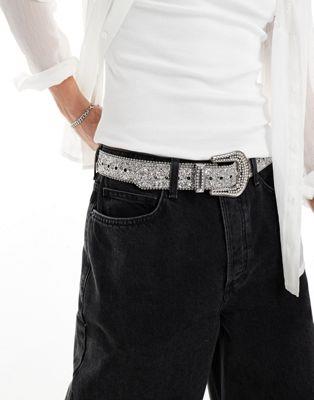 エイソス ASOS DESIGN faux leather western belt with crystal and glitter in silver メンズ