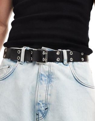 エイソス ASOS DESIGN faux leather belt with roller buckle and eyelets in black メンズ