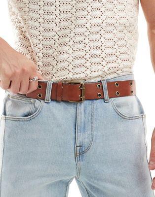 エイソス ASOS DESIGN faux leather belt with roller buckle and eyelets in brown メンズ