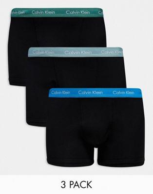 カルバンクライン Calvin Klein Plus cotton stretch trunks 3 pack in black with coloured waistband メンズ