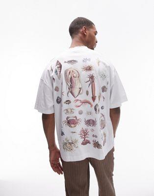 ȥåץޥ Topman extreme oversized fit t-shirt with front and back sea life print in white 