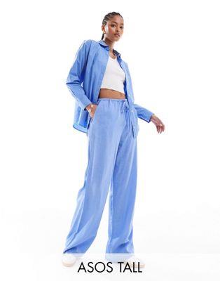 ASOS Tall エイソス ASOS DESIGN Tall wide leg pull on trouser with linen in blue レディース