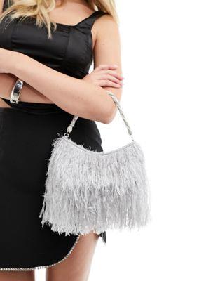 エイソス ASOS DESIGN diamante and pearl twist handle feather grab bag in grey レディース