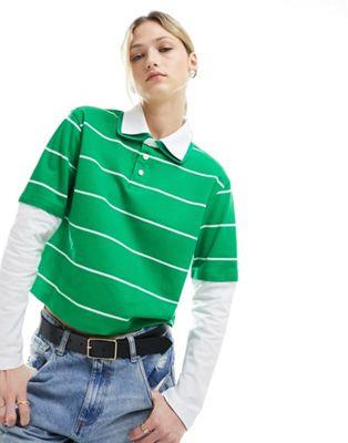 エイソス ASOS DESIGN double layer fitted striped rugby top in green and white レディース