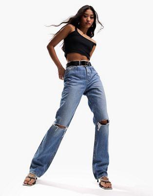 エイソス ASOS DESIGN 90's straight jean in mid blue with knee rips レディース