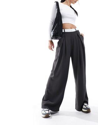 エイソス ASOS DESIGN wide leg dad trouser with contrast waistband in charcoal レディース