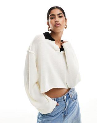 エイソス ASOS DESIGN knitted crop rugby shirt jumper in cream レディース