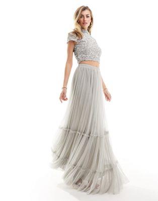 Beauut tulle tiered maxi skirt co-ord in grey fB[X