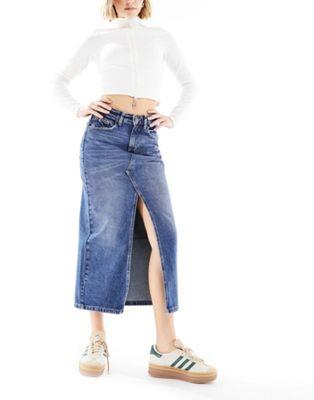 Cotton:On Cotton On 90s split front denim midi skirt in blue wash fB[X