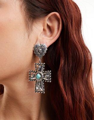 デザインビー DesignB London statement cross drop grunge earrings in silver レディース
