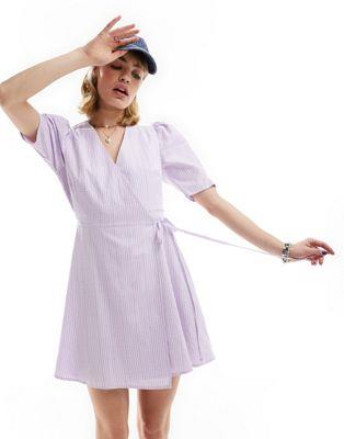 グラマラス Glamorous short sleeve wrap mini dress in lilac check レディース