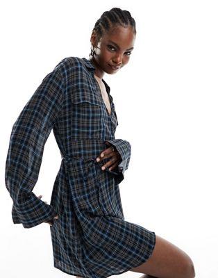 ޥ Mango check shirt mini dress in blue ǥ