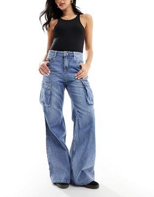 ミスシックスティ Miss Sixty wide leg cargo jeans in midwash blue レディース