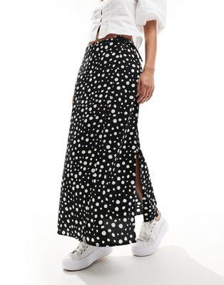 Monki midi skirt with tie waist in black with white dots fB[X