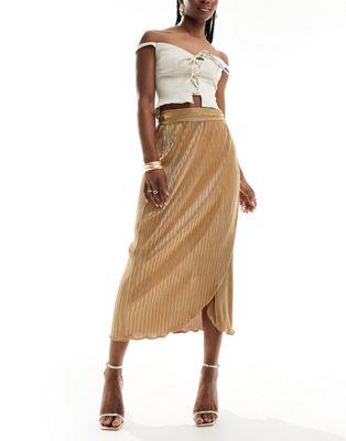 lo[t[hX Never Fully Dressed Jaspre plisse midi skirt in gold fB[X