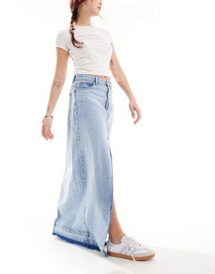 I[ ONLY denim maxi skirt with frayed hem in blue fB[X
