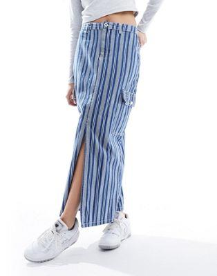 Pieces denim maxi skirt with cargo pockets in blue stripe fB[X