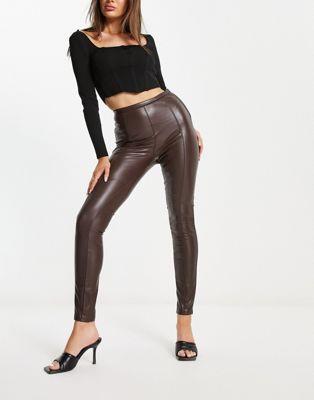 Pimkie high waisted faux leather leggings in chocolate fB[X