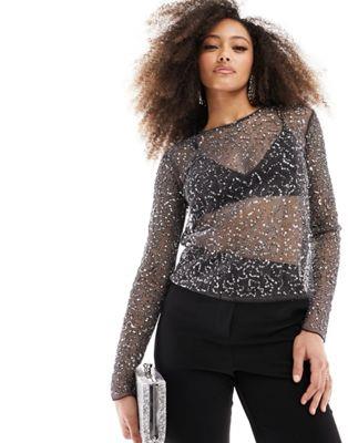 Pull Bear scoop back sequined top in black レディース