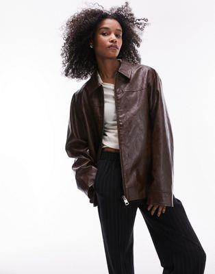 トップショップ Topshop faux leather cracked vinyl jacket in brown レディース