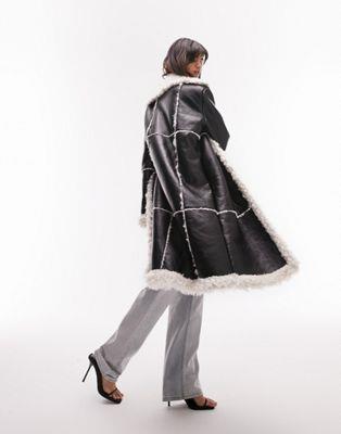 トップショップ Topshop faux shearling longline jacket with faux fur trims in black レディース