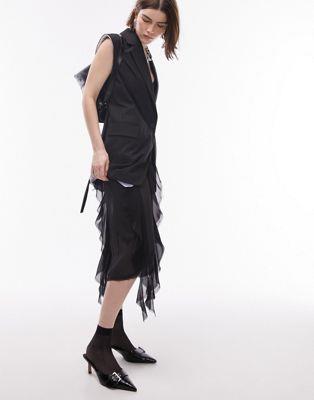 gbvVbv Topshop sheer ruffle midi skirt with raw edging in black fB[X