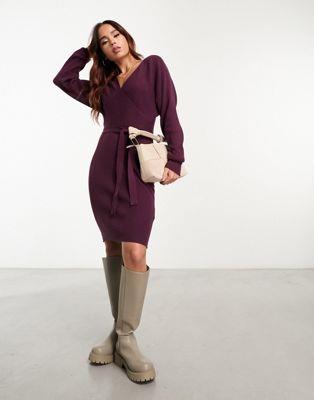 ヴェロモーダ Vero Moda wrap belted long sleeve knitted mini dress in burgundy レディース