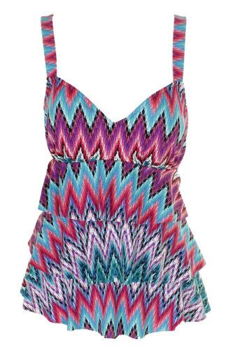 SwimSolutions Swim Solutions Teal Multi Island Sunset Tummy-Control Tiered Swimsuit 8 レディース