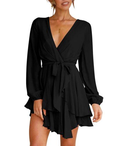 Cosonsen Womens Mini Dress Deep V-Neck Baggy Sleeve Ruffle Hem Short (Black-S) レディース