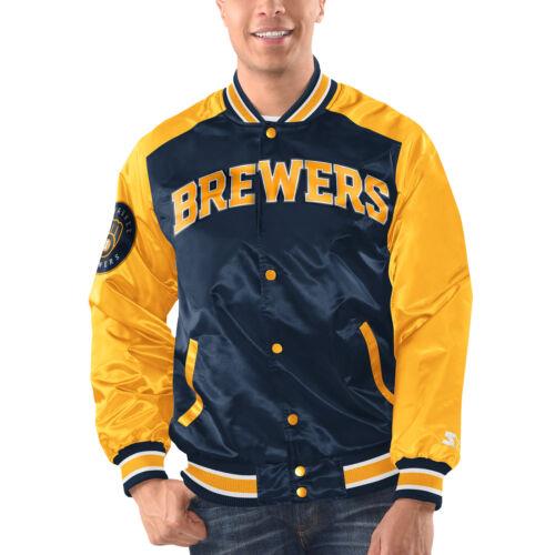 楽天サンガMen's Starter Navy/Gold Milwaukee Brewers Varsity Satin Full-Snap Jacket メンズ