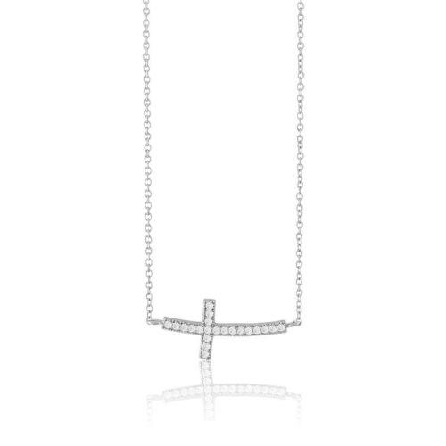 Classic Sterling Silver Curved Sideways Cross CZ Necklace ˥å