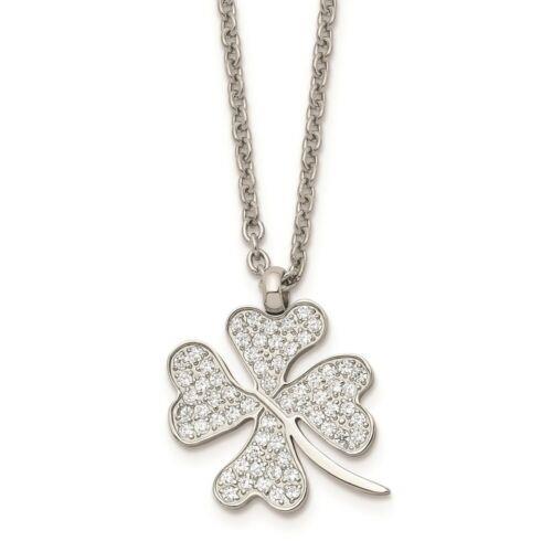 Chisel Stainless Steel Polished CZ Four Leaf Clover Necklace ユニセックス