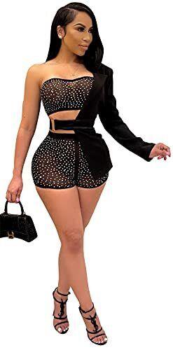 Recious 3Piece Rhinestone Crop Tops Bodycon Shorts Blazer Outfit (black XL) fB[X