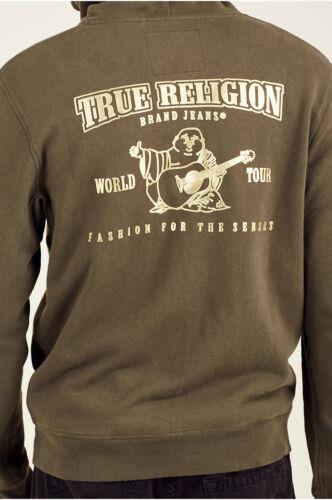 True Religion Men's Gold Metallic Buddha Zip Hoodie Sweatshirt in Military Green メンズ