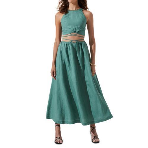 AXg[ ASTR the Label Womens Green Linen Long Strappy Maxi Skirt M fB[X