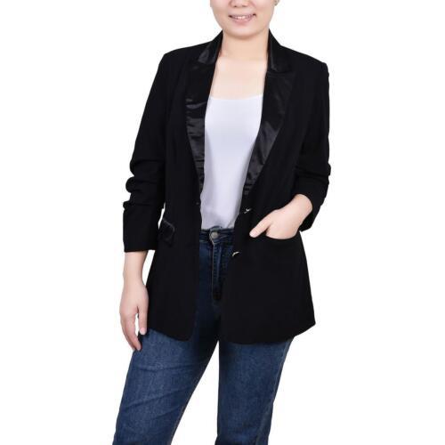 NY Collection Womens Black Ruched Two-Button Blazer Jacket Petites PM レディース