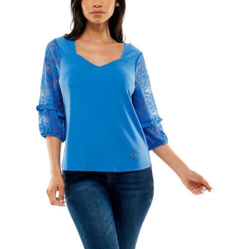 ɥꥢ ǥ Adrienne Vittadini Womens Blue Lace Sleeves Solid Top B...