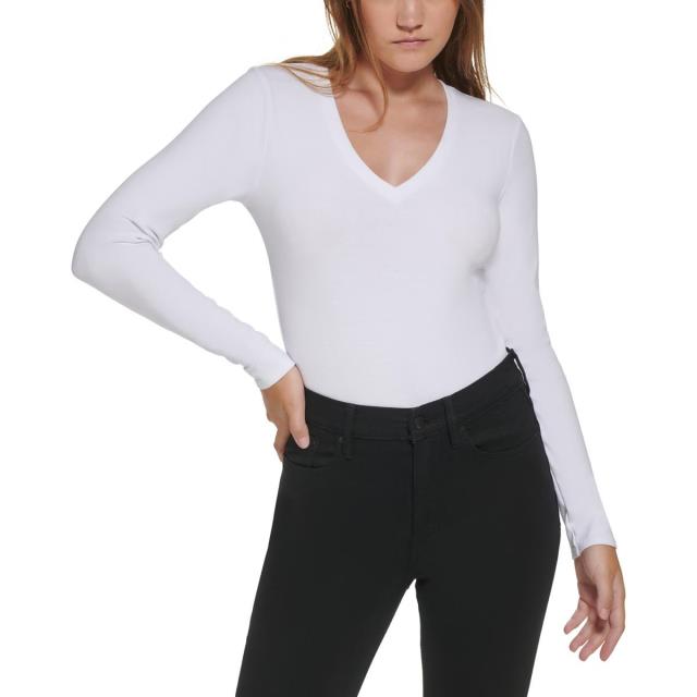 カルバンクライン Calvin Klein Jeans Womens White V Neck Shirt Bodysuit Top Petites PM レディース