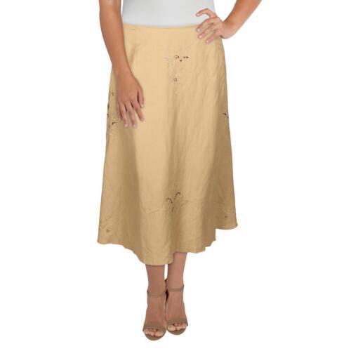 `bvX Josephine Chaus Womens Tan Linen Blend Floral A-Line Skirt Plus 18 fB[X