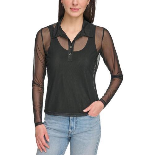 ディーケーエヌワイ DKNY Jeans Womens Black Illusion Sheer Mesh Button-Down Top Shirt XL レディース