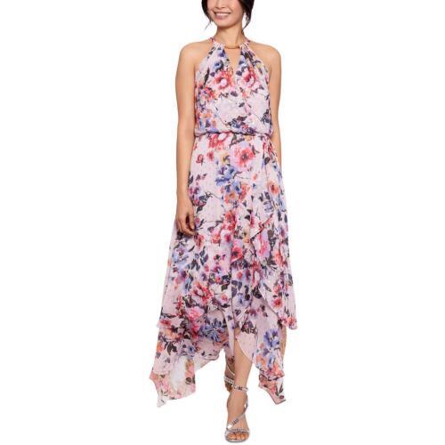 Xscape Womens Pink Floral Print Maxi Keyhole Halter Dress Gown 10 レディース