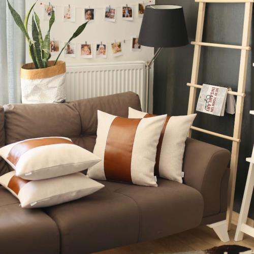 Apolena Inc (Mike & Co. New York) Boho-Chic Vegan Faux Leather Throw Pillow Covers Set of 4 Grey-Brown - Set of 4 ユニセックス