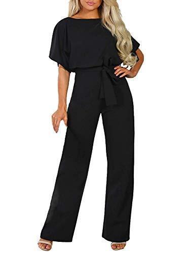 Happy Sailed Women Casual Short Sleeve Belted Wide Leg Pant Romper (M-Black) A レディース