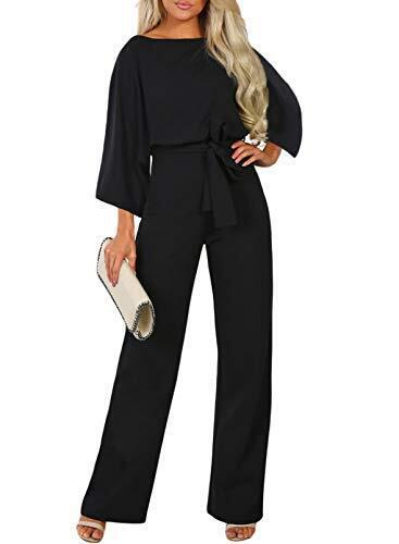 Happy Sailed Women Casual Loose 3/4 Sleeve Belted Wide Leg Pant Romper L -Black レディース