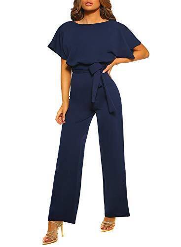 Happy Sailed Women Casual Short Sleeve Belted Wide Leg Pant Romper Small Navy レディース