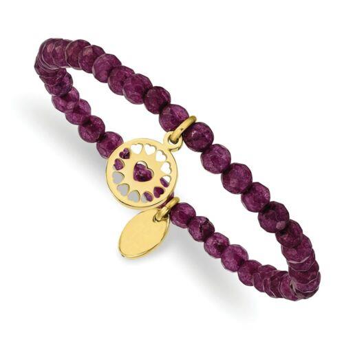 楽天サンガChisel Stainless Steel Polished Yellow IP Heart Dark Purple Jade Stretch Bracelet ユニセックス