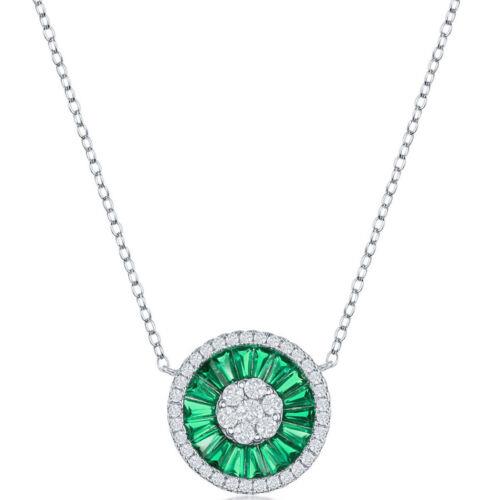 Classic Women's Necklace Silver White CZ and Emerald CZ Baguette Circle M-6648 レディース