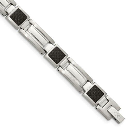 Chisel Stainless Steel Polished Black Carbon Fiber Inlay 8.75in Bracelet ユニセックス